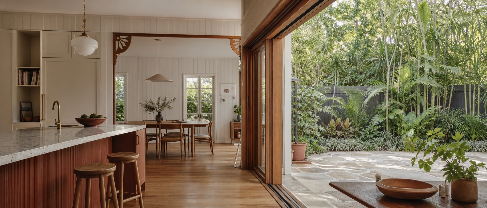 Renovated Ashgrove kitchen opening to a subtropical courtyard